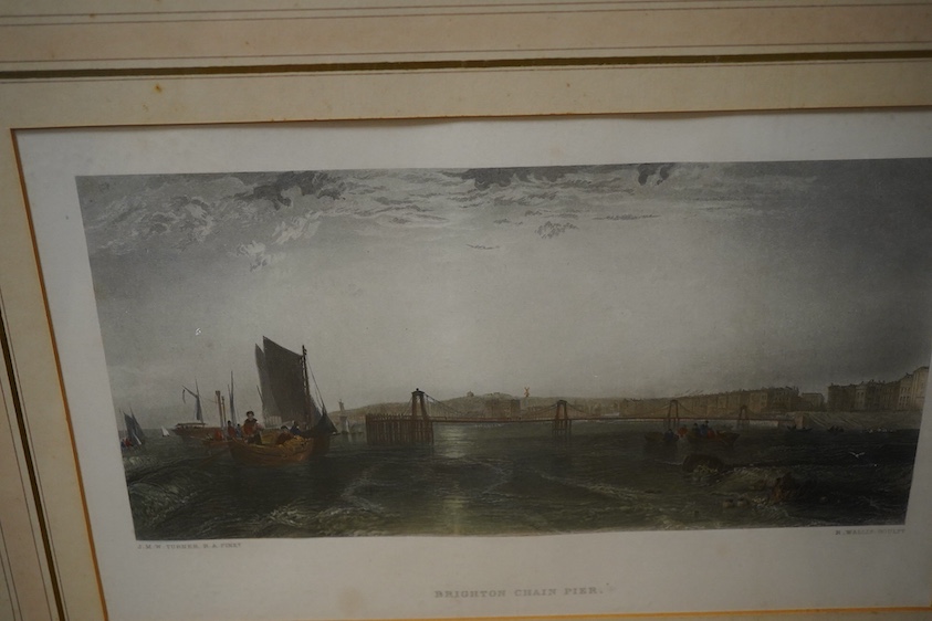 Four 19th century Brighton interest prints and engravings to include: after Joseph Mallord William Turner, ‘Brighton Chain Pier’ and after Gatwick, ‘Pavilion, Statue of the King’, largest 20 x 31cm